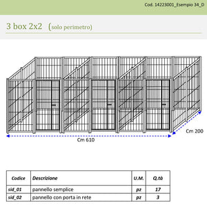 3 box in linea in rete per cani perimetrali ciascuno da 2x2 metri con zincatura a caldo