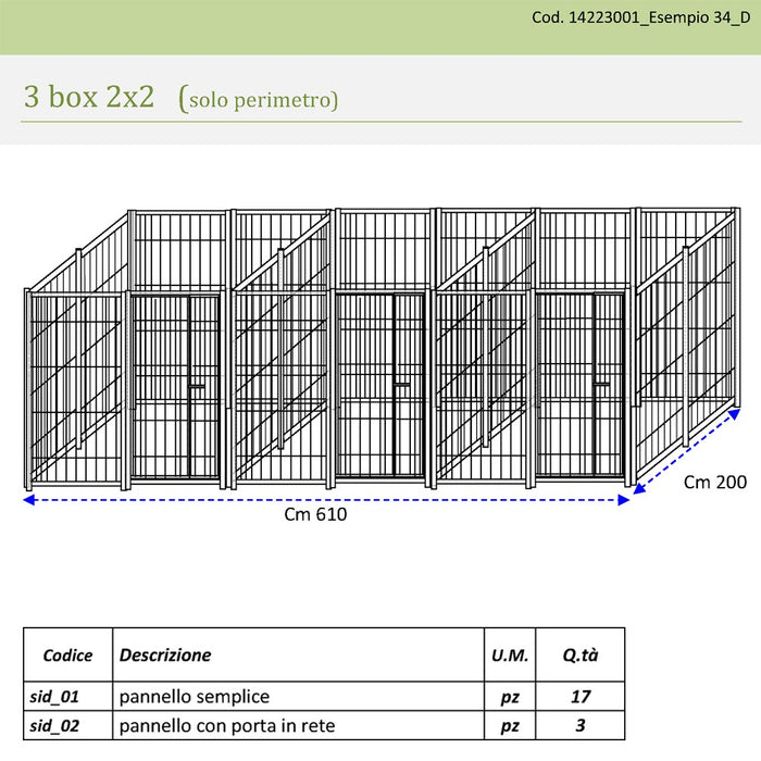 3 box in linea in rete per cani perimetrali ciascuno da 2x2 metri con zincatura a caldo