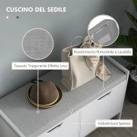 Panca Scarpiera a 2 Armadietti con Cuscino, in Tessuto Effetto Lino, Legno e Acciaio, 84x35x50 cm, Bianco