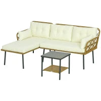 Salotto da Giardino in Rattan PE con Chaise Longue, Divano 2 Posti e Tavolino, Crema