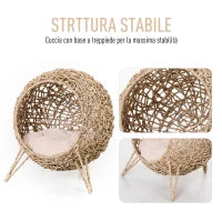 Cesta Rialzata per Gatti Fino a 10kg in Rattan PE Marrone (Φ52x58cm)