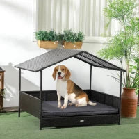 Casetta per Cani Rialzata con Cuscino Sfoderabile, in Rattan PE e Acciaio, 117x85x89 cm, Grigio e Marrone