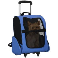 Trasportino Zaino 2 in 1 per Cani e Gatti con Tasche e Maniglia Telescopica, 42x25x55cm, Blu