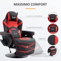 Sedia da Gaming Massaggiante con Poggiapiedi e Cuscino, in Finta Pelle, 79.5x82.5x111.5 cm, Nero e Rosso