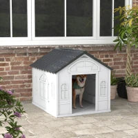 Casetta per Cani in PP Impermeabile con Tetto Inclinato e Porta di Ingresso, 84.2x98.2x82 cm, Grigio