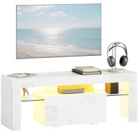 Mobile TV, con illuminazione LED e ripiani in vetro temperato, 120x34x45cm, Bianco