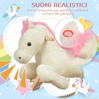 Cavallo a Dondolo Bianco e Rosa con Suoni e Struttura in Legno di Pioppo per Bambini 18-36 Mesi, 70x28x57cm