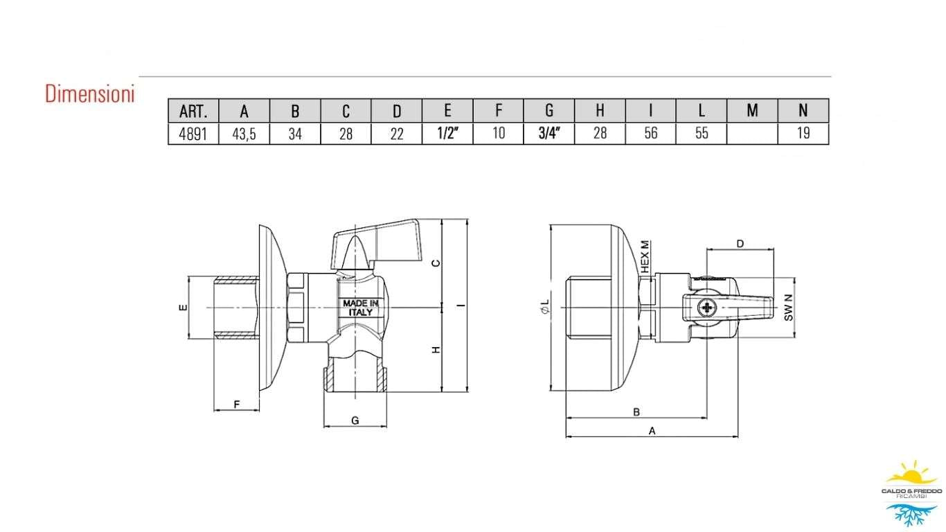 Rubinetto a sfera in ottone - Valvola Ad Angolo - Con Rosetta - Per lavatrice - Attacco 1/2" - Uscita 3/4" 