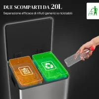 Bidone Immondizia a 2 Sezioni da 20L a Pedale con Coperchio Silenzioso, in Acciaio Inox e PP, 41.8x36.7x58 cm