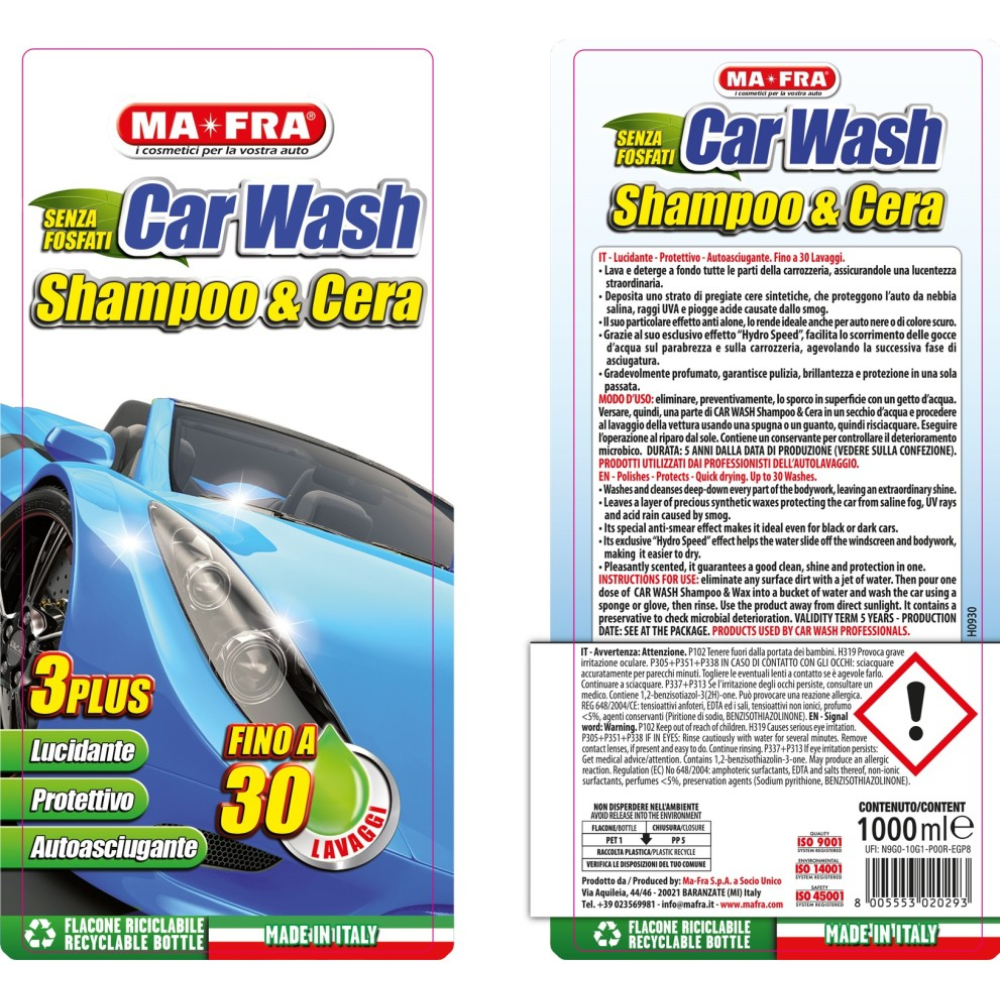 Car wash shampoo e cera 1000 ml per lavaggio e lucidatura carrozzeria