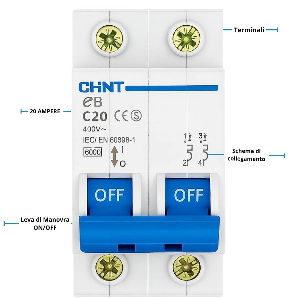 Chint interruttori magnetotermici 1p+n curva c 4,5ka serie eb 2 moduli *** ampere 20 ampere, confezione 1