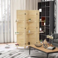 Paravento Interno a 4 Pannelli 160L x 170H cm, 3 Mensole Pieghevoli, Separatore di Ambiente, Porte a Persiana, Naturale
