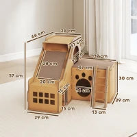 Tiragraffi in Cartone per Gatti a Forma di Castello 2 in 1, con 2 Aree di Graffiatura 67x66x57 cm Marrone