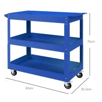 DURHAND Carrello porta attrezzi in acciaio con 3 ripiani su ruote, carico max. 150 kg, 83x35.3x76 cm, Blu