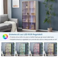 Vetrinetta Moderna in Vetro con Illuminazione LED a 16 Colori, Doppie Porte e Ripiani Regolabili, 80x40x160 cm - Mobiletto Porta TV, Bianco
