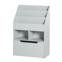 Libreria A 3 Scaffali Con 2 Nicchie, Grande Cassetto, In Legno, Grigio