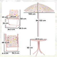Set da Giardino per Bambini 2-5 Anni con Tavolino Rotondo, 2 Sedie Pieghevoli e un Ombrellone, Rosa
