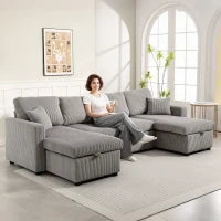 Divano Letto Moderno a U con 2 Chaise Longue e Vani Contenitore, Velluto a Coste, 282x140x86 cm, Grigio