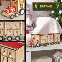 Calendario Avvento di Natale a forma di Treno con Babbo Natale e Luce LED Inclusa, in Compensato, 40x8x11 cm