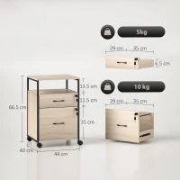 Cassettiera per Scrivania con 2 Cassetti e Ruote, per Formato Lettera A4 44x40x66,5 cm, Legno