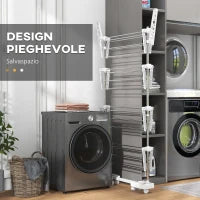 Stendino Verticale Pieghevole in Acciaio e Plastica con 6 Ruote e 4 Ripiani Regolabili, 142x55x172 cm