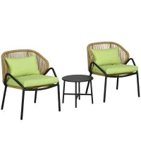 Set di Mobili da Giardino in Rattan, 3 Pezzi, Cuscini per Seduta e Schienale, Rattan Sintetico, Struttura Metallica, Verde