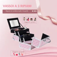 Valigetta Porta Trucchi con Profili in Alluminio, Maniglia e Vassoio Cantilever, 20x15x15cm, Rosa