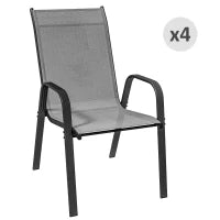 Set 4 Sedie da Giardino Impilabili e Salvaspazio con Braccioli in Metallo e Tessuto a Rete, Grigio