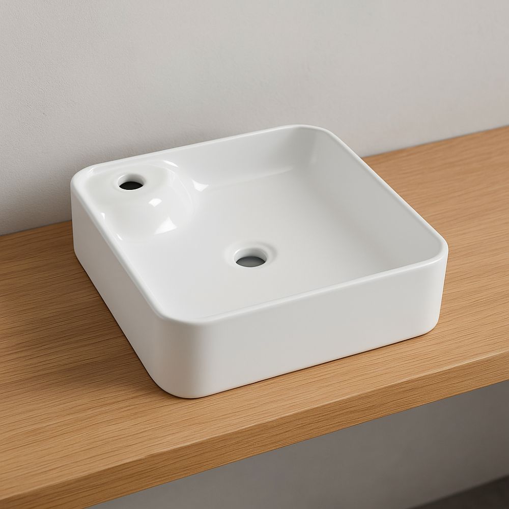 Lavabo d'appoggio ceramica bianco quadrato lavandino arredo bagno cm 43x43x12