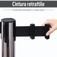 Outsunny Set 2 Colonnine Segnapercorso con Nastro Estendibile di 2 m, Paletti Delimitazione in Acciaio Inox e Nylon, Ø32x90 cm, Nero e Argento