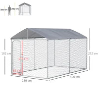 Kennel per Cani in Metallo Galvanizzato con Tettuccio in Tessuto Oxford e Porta con Blocco, 400x230x232cm, Argento