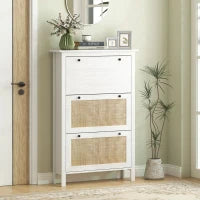 Mobile Scarpiera con 3 Ante Ribaltabili, Effetto Intreccio Rattan, in Legno, Bianco