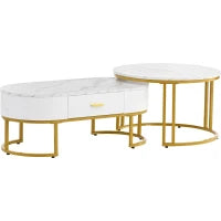 Set di 2 Tavolini da Salotto Moderni con Struttura in Metallo Dorato e Ripiani Spaziosi, Dimensioni 100x48x38,5 cm e 70x70x44,5 cm, Bianco