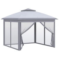 Gazebo 3 x 3 m Tenda da Giardino Pop-up con Tetto Doppio e 4 Zanzariere con Zip, Borsa per il Trasporto Inclusa, Grigio