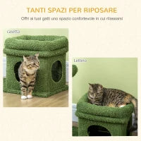 Tiragraffi per Gatti con Lettino, Casetta e Palo in Sisal a Forma di Cactus, 68x30x67cm, Verde