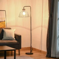 Lampada da Terra di Design Stile Industriale in Metallo e Rattan, Illuminazione Casa e Ufficio, 44x34x154cm, Nero