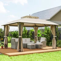 Gazebo da Giardino 3.7 x 3 m con Zanzariera, Tende Laterali e Doppio Tetto, Beige