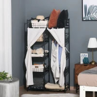 Armadio Guardaroba Appendiabiti con 5 Ripiani e 2 Tende, 84 x 42 x 158.5cm, in Metallo Nero con Decori a Fiori
