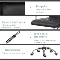 Sedia da Ufficio Ergonomica in pelle PU Nero, Sedia da Studio con 5 Ruote Girevoli, Imbottitura e Altezza Regolabile, 52.5x54x84-99cm