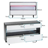 Credenza moderna effetto marmo nero con ripiani aperti, 4 cassetti e illuminazione LED, 150x35x89,5 cm, Bianco e Nero