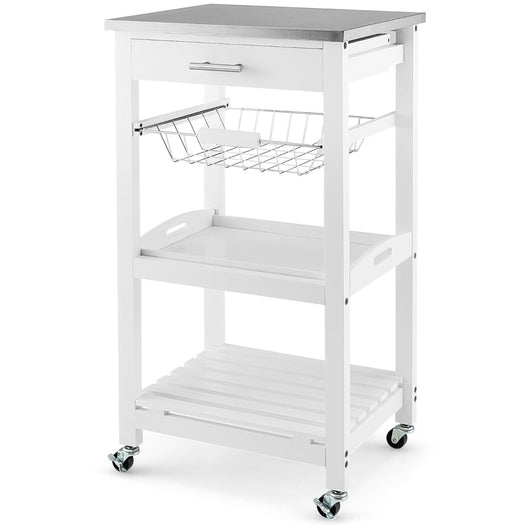 Carrello da Cucina con Ruote con Piano di Lavoro in Acciaio Inox Carrello di Servizio con Cassetto Scorrevole Cestello in Filo per Cucina Sala da Pranzo 47x39x85 cm Bianco 20_0005445