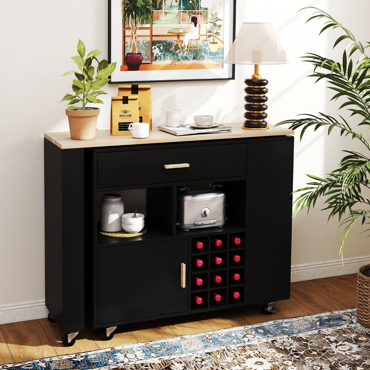 Carrello da cucina con piano in legno di gomma ripiano regolabile porta calici, Mobile 2 in 1 su ruote Nero-Carrelli