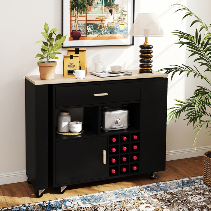 Carrello da cucina con piano in legno di gomma ripiano regolabile porta calici, Mobile 2 in 1 su ruote Nero-Carrelli