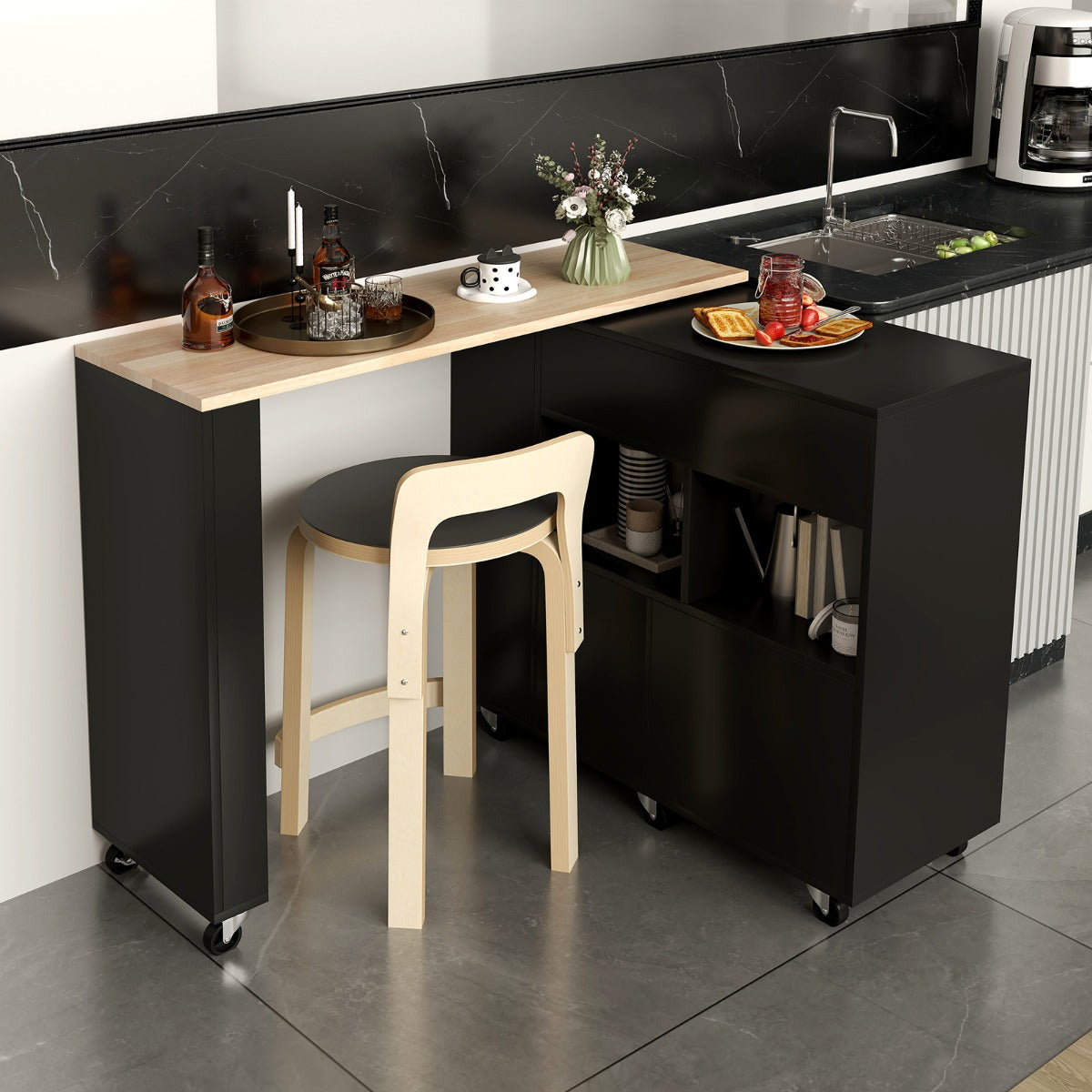 Carrello da cucina con piano in legno di gomma ripiano regolabile porta calici, Mobile 2 in 1 su ruote Nero-Carrelli