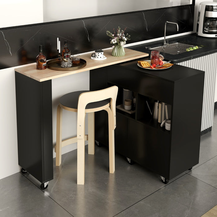 Carrello da cucina con piano in legno di gomma ripiano regolabile porta calici, Mobile 2 in 1 su ruote Nero-Carrelli