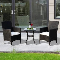 Set Mobili da Giardino in Rattan, Tavolo con 2 Poltroncine con Cuscini, Nero