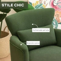 Poltrona Moderna Imbottita in Velluto con Cuscino Lombare, Schienale e Gambe in Legno, Verde