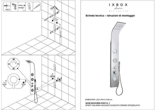 Colonna doccia joy acciaio inox 3 getti idro e cascata arredamento h150xl20xp44 *** finitura- spazzolato, confezione 1