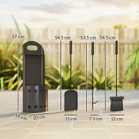 Set accessori per camino da 4 pezzi, con scopino, paletta, attizzatoio e supporto, in metallo, Nero