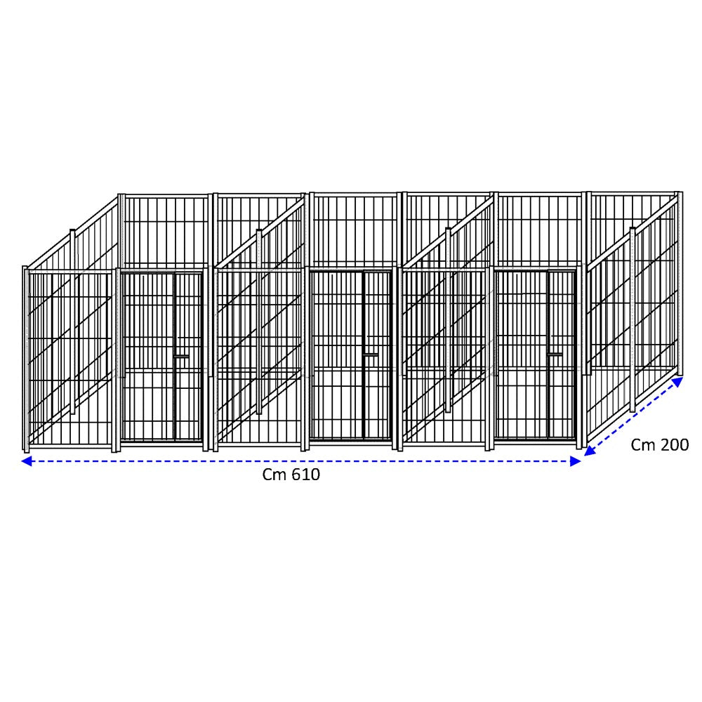 3 box per cani uniti con zincatura a caldo in rete ciascuno da 200x200x altezza 180 cm